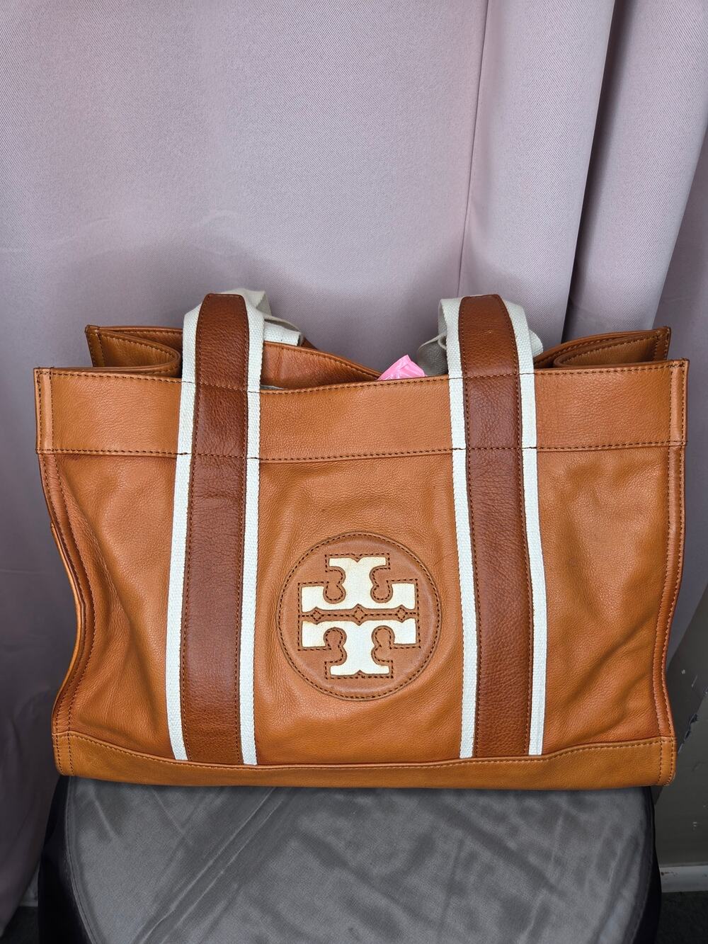 Tory Burch Ella Stripe Leather Quadrant Tote Bag (Classic Tan / Cuoio / White)